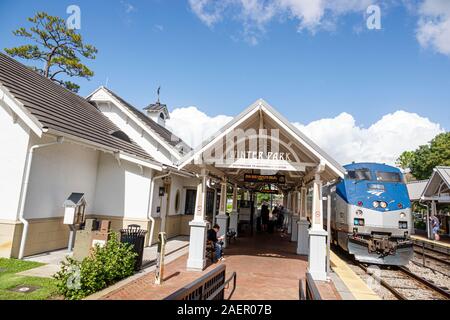 Orlando Winter Park Florida,Amtrak/Sunrail Amtrak Sunrail Station,train railway station,depot,platform,track,Genesis General Electric GE P40DC diesel Stock Photo