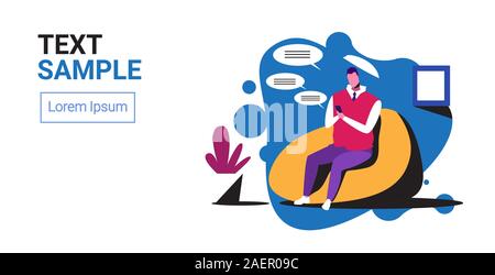 man using smartphone mobile chatting app social network speech chat bubble communication concept businessman sitting on bean bag full length horizontal copy space vector illustration Stock Vector