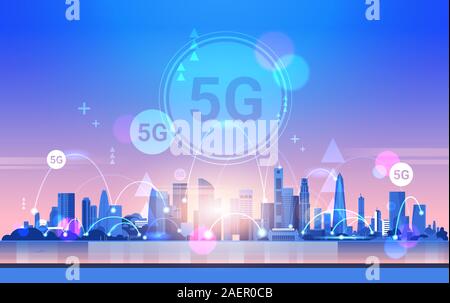 smart city 5G online communication network wireless systems connection concept fifth innovative generation of global high speed internet modern cityscape background flat horizontal vector illustration Stock Vector
