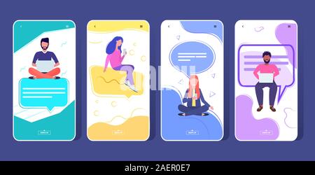 people using chatting app on digital devices social network communication concept men women sitting on chat bubble speech online messaging application smartphone screens set full length horizontal vector illustration Stock Vector