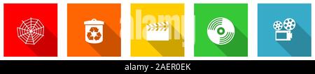 Set of colorful web flat design vector icons,  play, movie, video, garbage and recycle buttons in eps 10 for webdesign and mobile applications on whit Stock Vector