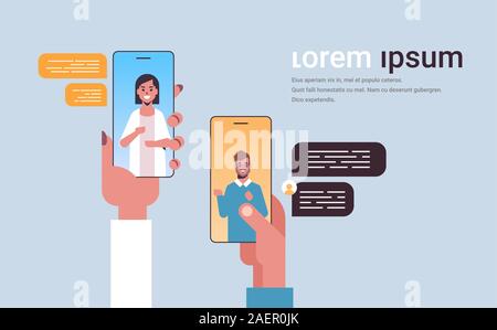 human hands using chatting app social network chat bubble communication concept man woman talking messaging in smartphone screens online mobile application portrait copy space vector illustration Stock Vector