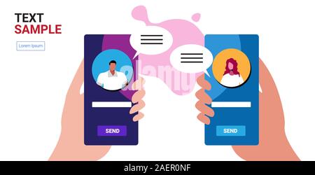 human hands using chatting app social network chat bubble communication concept woman man messaging smartphone screens online mobile application horizontal copy space vector illustration Stock Vector