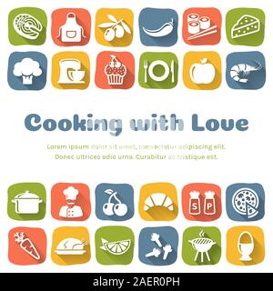 Cooking banner with flat icons and copy space. Colorful culinary background with place for text. Vector illustration. Stock Vector
