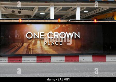 One Crown Place high rise building construction site sign on construction hoarding in the City of London England UK  KATHY DEWITT Stock Photo