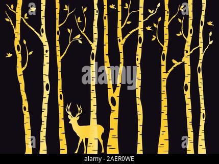 Gold birch tree forest with reindeer, vector illustration Stock Vector