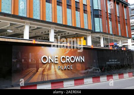 One Crown Place high rise building construction site sign at 54 Wilson Street in the City of London EC2 England UK  KATHY DEWITT Stock Photo