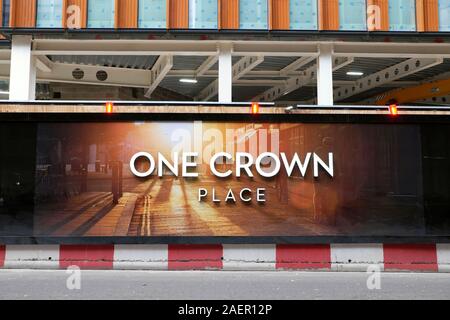 One Crown Place high rise building construction site sign on construction hoarding in the City of London England UK  KATHY DEWITT Stock Photo