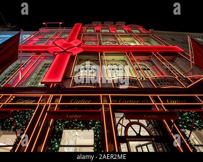 Exterior of Cartier store in New Bond Street, London with Christmas display. Stock Photo