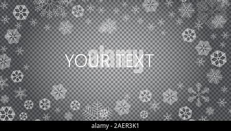 Snow is falling for christmas banner. Tracery snowflakes in different shapes are isolated on transparent background. Stock Vector