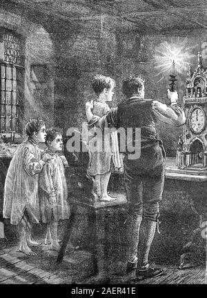 Clock from Pilsen, father shows his children by candlelight the clock  /  Uhr aus Pilsen, Vater zeigt seinen Kindern bei Kerzenlicht die Uhr, Reproduction of an original 19th century print / Reproduktion von einem Originaldruck aus dem 19. Jahrhundert