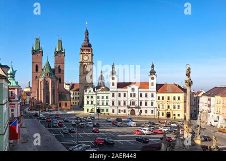 Hradec Kralove, Czechia. View of Market square with Cathedral of the Holy Spirit and White Tower Stock Photo