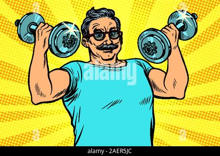 elderly man lifts dumbbells, fitness sport Stock Vector
