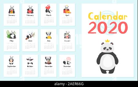 Panda calendar vector templates set. Cute asian bear illustrations collection. Creative new year 2020 stationery item. Christmas organizer pages pack, Stock Vector