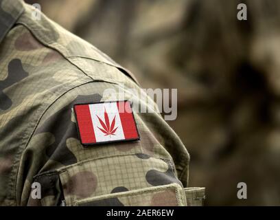 Cannabis in Canada. Cannabis leaf replacing the Maple leaf on the Canadian flag. Cannabis in Army. Stock Photo