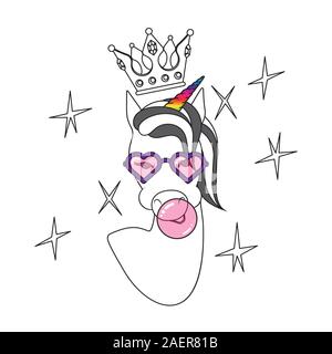 Bubble unicorn. Funny unicorn with horn and with a pink bubble gum. Crazy unicorn. Humor character t-shirt print composition, flat cartoon style print Stock Vector