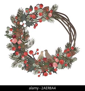 Beautiful Christmas decorative wreath of vine and pine branches, berries, ilex, cedar cones, and cute birds isolated on white background. Vector Stock Vector