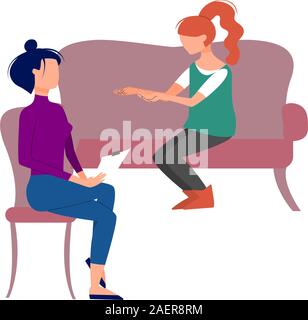 Scene of caucasian female therapist consulting female patient. Flat style stock vector illustration Stock Vector