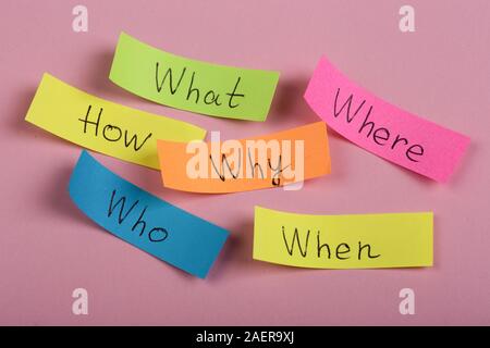 Questions - Why? What? Where? When? Why? How? on colorful stickers on pink backround Stock Photo