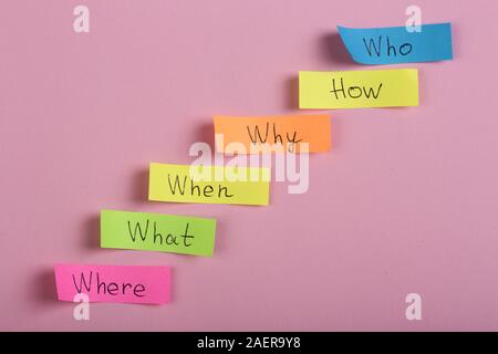 Questions - Why? What? Where? When? Why? How? on colorful stickers on pink backround Stock Photo