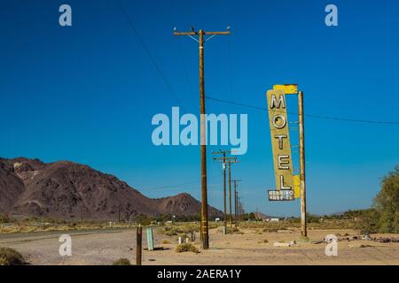 Classic old sign for Henning Motel at Newberry Springs along Route 66 in California, USA [No property release; available for editorial licensing only] Stock Photo