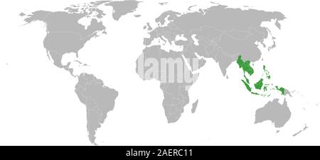 ASEAN countries highlighted with green color on world map vector illustration. Stock Vector