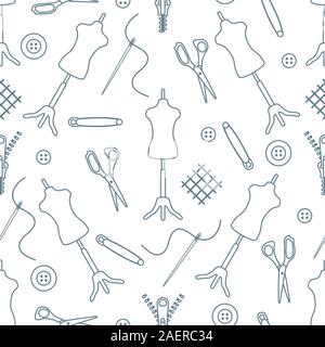 Vector seamless pattern Mannequin, scissors, needle, pin, buttons, zipper on white background. Dressmaking tools. Tailor. Atelier tailoring Sewing wor Stock Vector