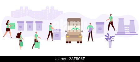 Vector illustration Separate collection, transportation, sorting, recycling of waste by people. Garbage sorting management concept. Eco friendly green Stock Vector