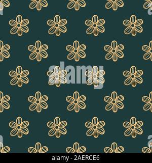 Floral seamless pattern with outline flower vector illustration. Dark green, gold color. Perfect for backgrounds, backdrop, wallpaper and fabric desig Stock Vector