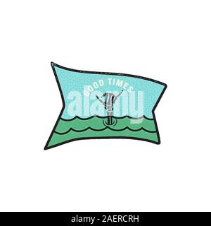 Vintage skeleton hand logo, shaka print design for t-shirt. Good Times funny typography quote concept. Unusual hand drawn surfing ocean graphic patch Stock Vector