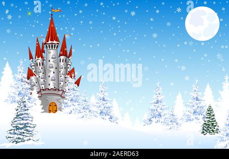 Castle on a background of a winter snowy forest. Snow, snowflakes. The night, the moon. Winter landscape. Stock Vector