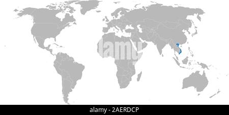 Vietnam highlighted blue on world map vector illustration. Business concept graphics design. Gray background. Stock Vector