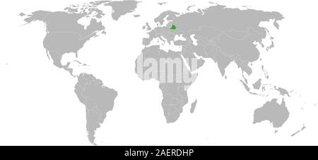 Belarus map marked green on world map vector. Gray background. European country. Great for business concept, backgrounds, backdrop and wallpapers. Stock Vector