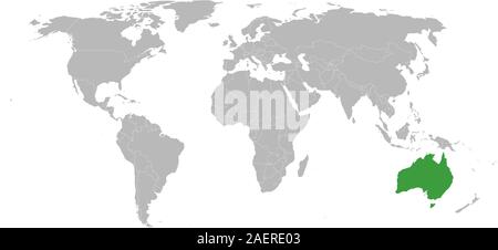 Australia map highlighted green on world map vector graphics. Gray background. Perfect for business concepts, backgrounds, backdrop, labels, posters a Stock Vector