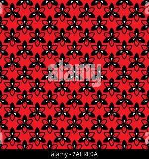 Abstract lilly flower with six petals seamless pattern vector background. Red, black, white. Stock Vector