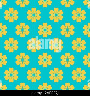 Flower with rounded yellow petals seamless vector pattern. Green background. Fabric designs. Stock Vector