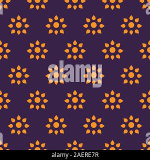 Japanese motif flower petals seamless pattern vector purple background. Orange color. Great for fabric textile designs and backgrounds. Stock Vector