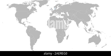European country denmark highlighted blue on world map vector. Gray background. Stock Vector