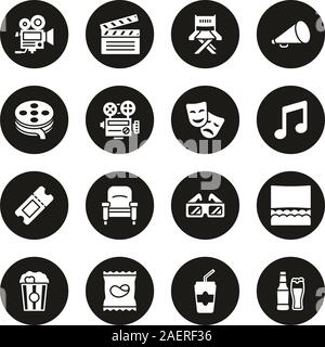Movie Icons White On Black Circle Set Stock Vector