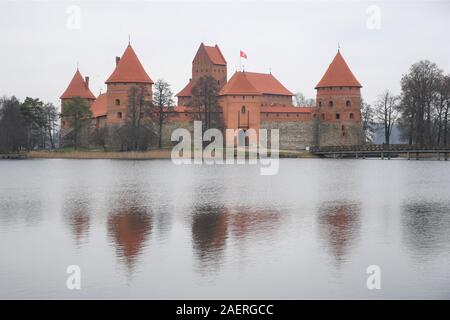 Medieval castle of Trakai, Vilnius, Lithuania, Eastern Europe, located between beautiful lakes and nature, view from the wooden bridge, night Stock Photo