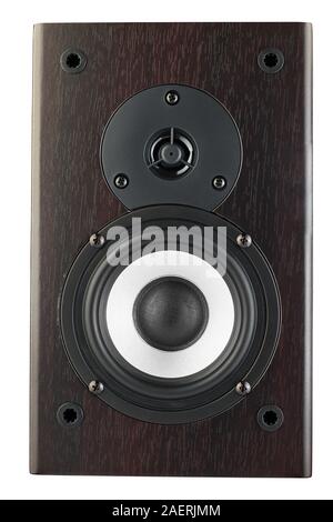 Dark color music speakers isolated on white background. Stock Photo