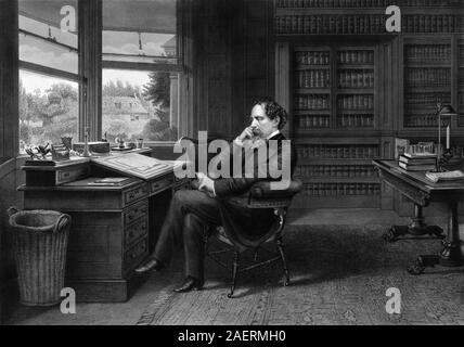 Vintage print depicting English author Charles Dickens (1812 – 1870) sitting at the desk in his study at Gads Hill Place, his home in Higham, Kent. Illustration circa 1875 by Samuel Hollyer. Stock Photo