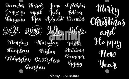 Big vector handdrawn calligraphic monthly set with months, year 2020, seasons and days of week. Merry Christmas and happy new year 2020. For schedule, Stock Vector