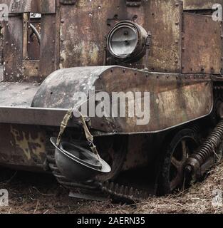 World War era Brodie helmet and Universal or Bren Carrier detail