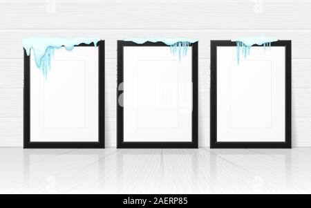 Set of frames with realistic snow and icicles. Beautiful winter template for merry christmas. Vector illustration. Stock Vector