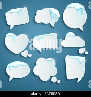 Set of various speech bubbles decorated with realistic snow and icicles. Design template for merry christmas. Vector illustration. Stock Vector