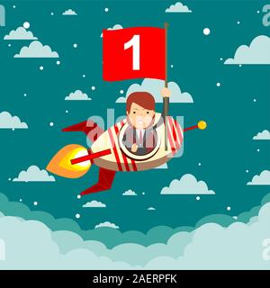 Happy businessman on a rocket ship launching to starry sky. Stock Vector