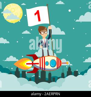 Happy businessman holding number one flag standing on rocket ship flying through starry sky. Stock Vector