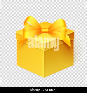 Realistic yellow gift box with ribbon isolated over white background. Design template for Holiday Christmas present. Vector illustration. Stock Vector