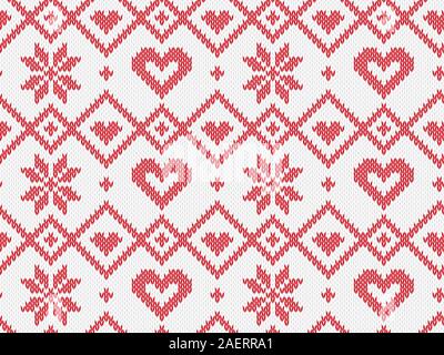 Winter Holiday seamless knitted pattern. Vector background for Merry Christmas and Happy New Yeary. Wool knitting sweater design with heart and snowfl Stock Vector